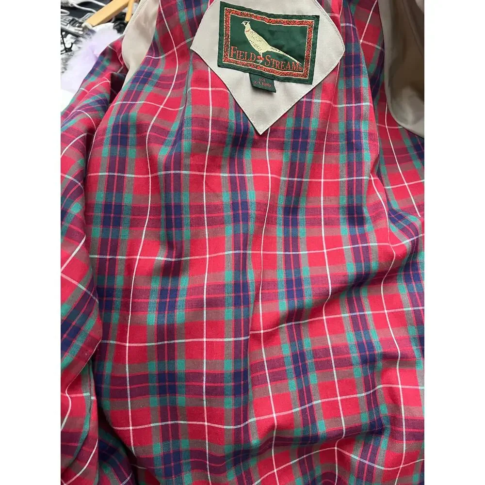 Vintage Field & Stream Jacket Mens XL Tan Gray Plaid Lined Harrington‎ Coat 90s